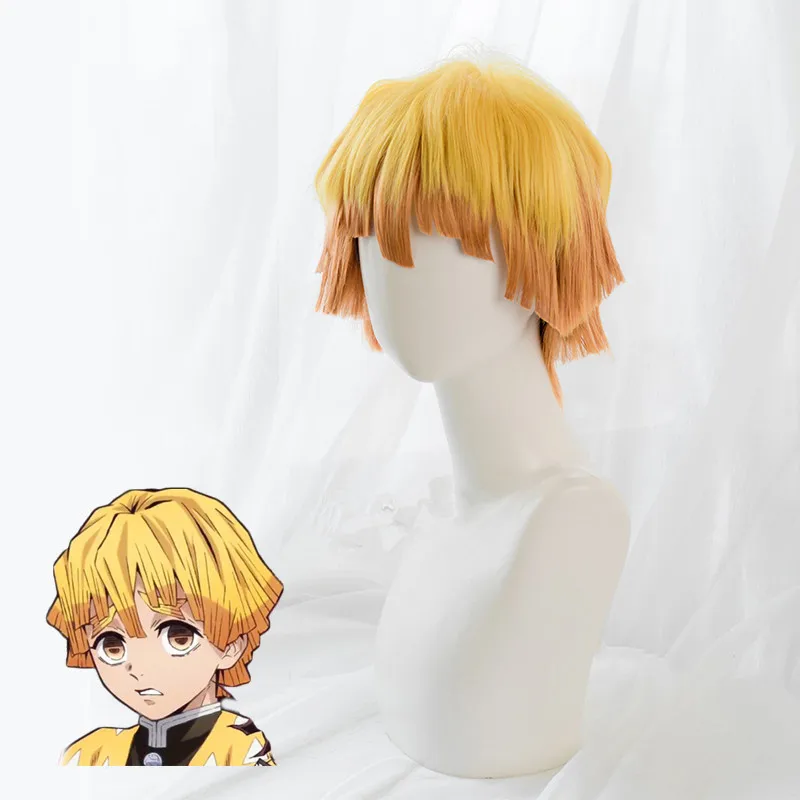 Японское аниме Demon Slayer: Kimetsu no Yaiba mens Agatsuma Zenitsu косплей парик мальчик Оранжевый короткие волосы парик костюмы