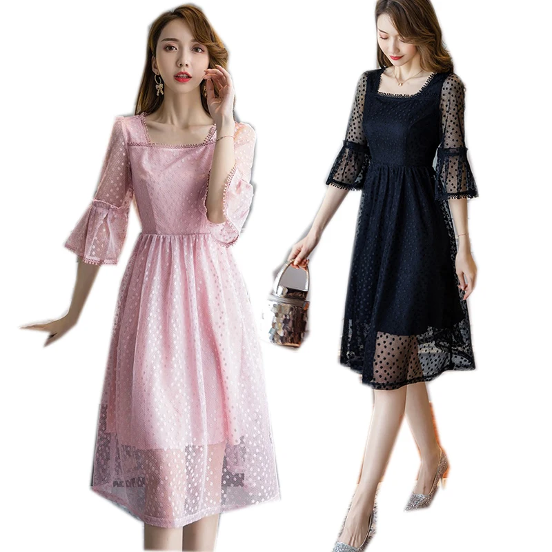 

Autumn Ladies Plus Size polka dot mesh Dress flare sleeve square collar pinched waist Elegant midi dress party Dress vestidos4XL