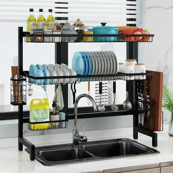 

2Tier Black Stainless Steel Dishes Rack Dual Sink Drain Rack Multifunction Kitchen Organizer Rack Dish Shelf Sink Drying Rack