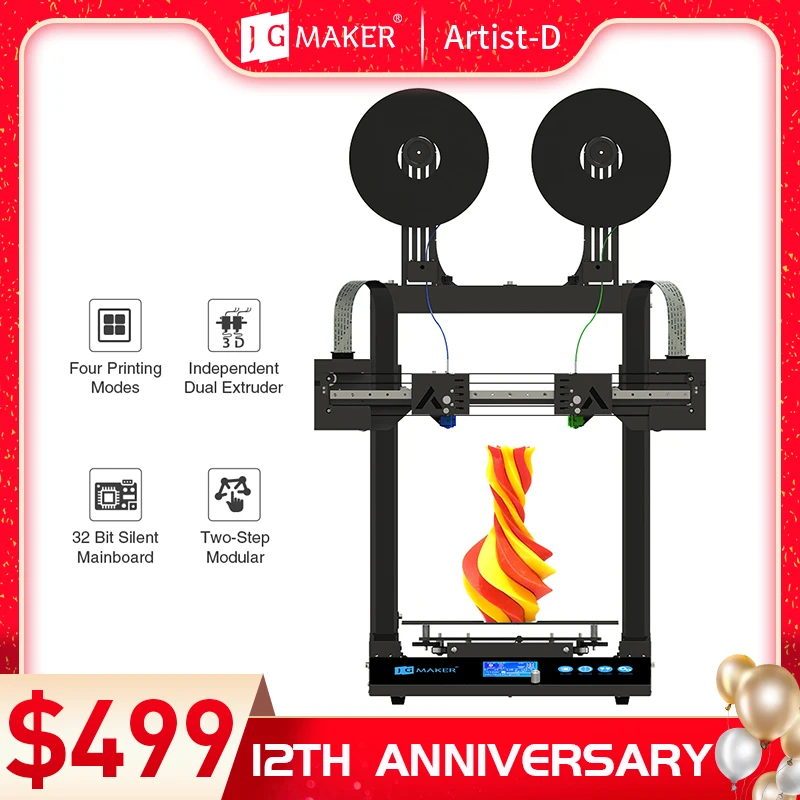 JGMaker Artist-impresora 3D IDEX Dual, extrusora independiente, unidad directa, placa base de 32 bits, volumen de impresión, 300x300x340mm