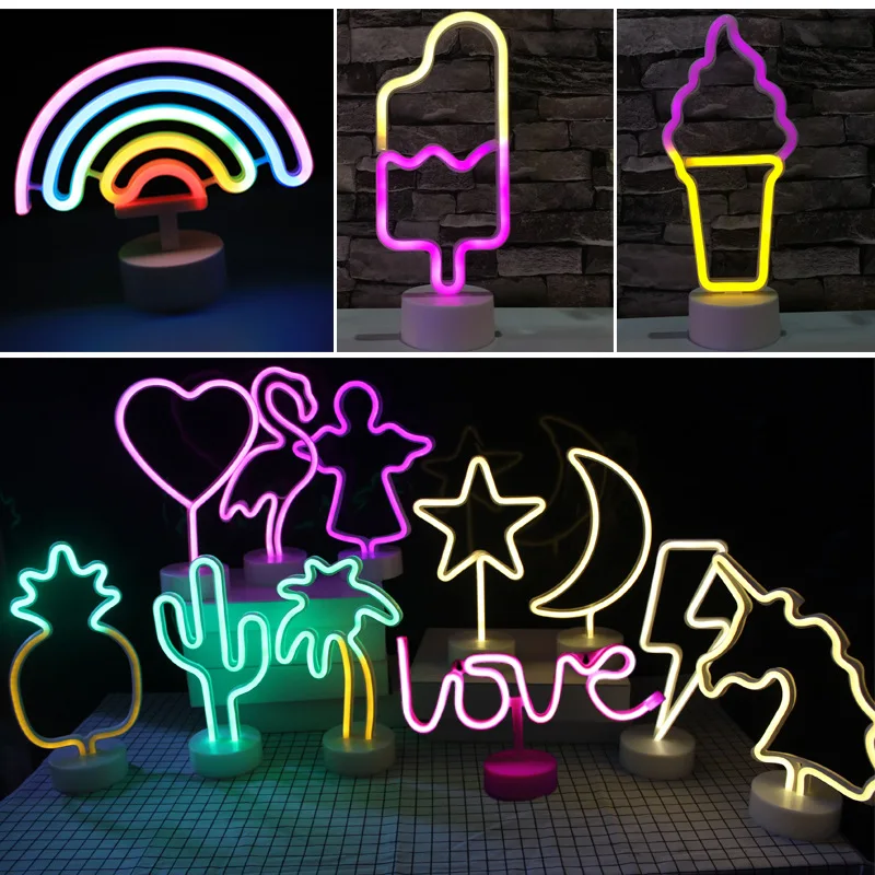 

2019 New Style INS Creative Neon Small Night Lamp Unicorn Rainbow Flamingo Small Night Lamp USB with Base