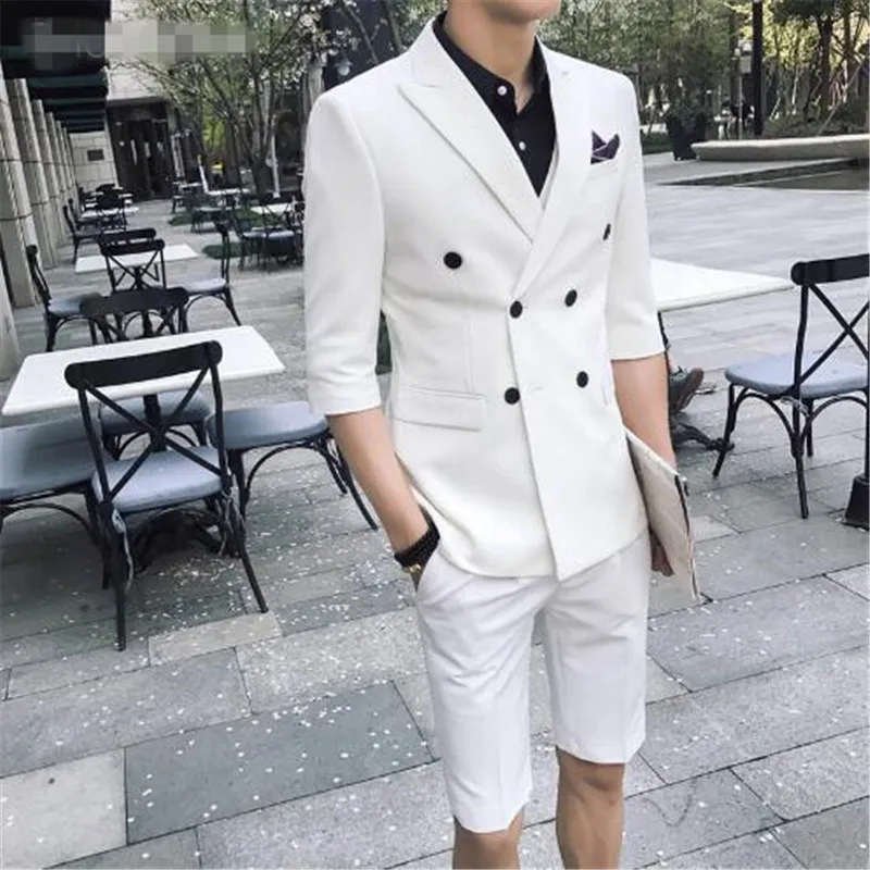 

Fashion Men's 2 Pieces Summer Double Breasted White/Red /Grey/Blue Slim Fit Short Jacket Wedding Party Dress Groom