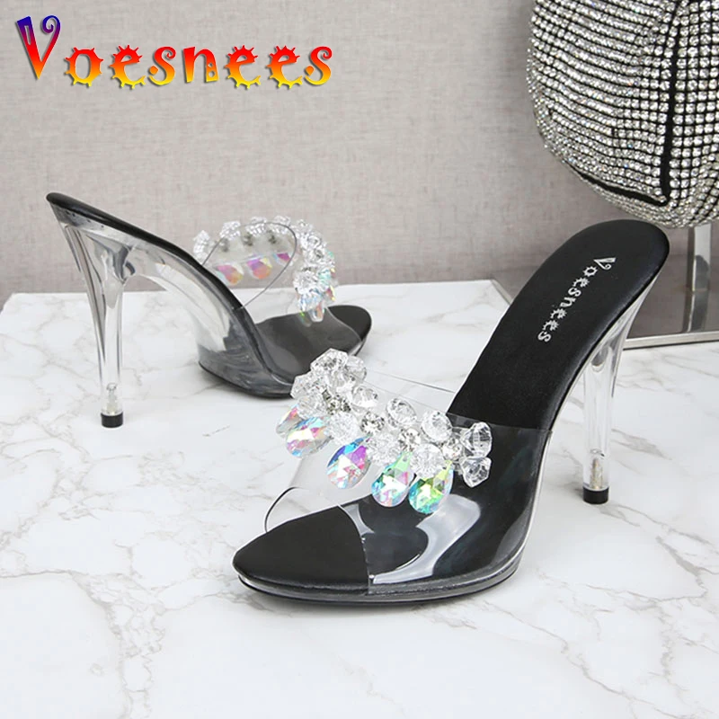 

Crystal Heel Women Slippers 2021 Summer Shiny Sequins Transparent Stiletto Women Shoes Sexy Wild Leopard Print Ladies Slides