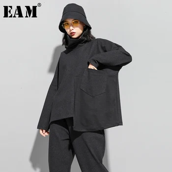 

[EAM] Loose Fit Asymmetrical Split Sweatshirt New Turtleneck Long Sleeve Women Big Size Fashion Tide Spring Autumn 2020 19A-a229