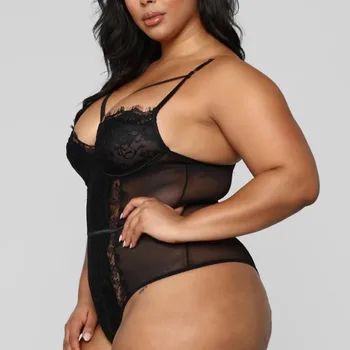 

Plus Size Sexy Bodysuits Women See Through Lace Up Lace Bodycon Leotard Tops Rompers Womens Jumpsuit Playsuit Body Mujer