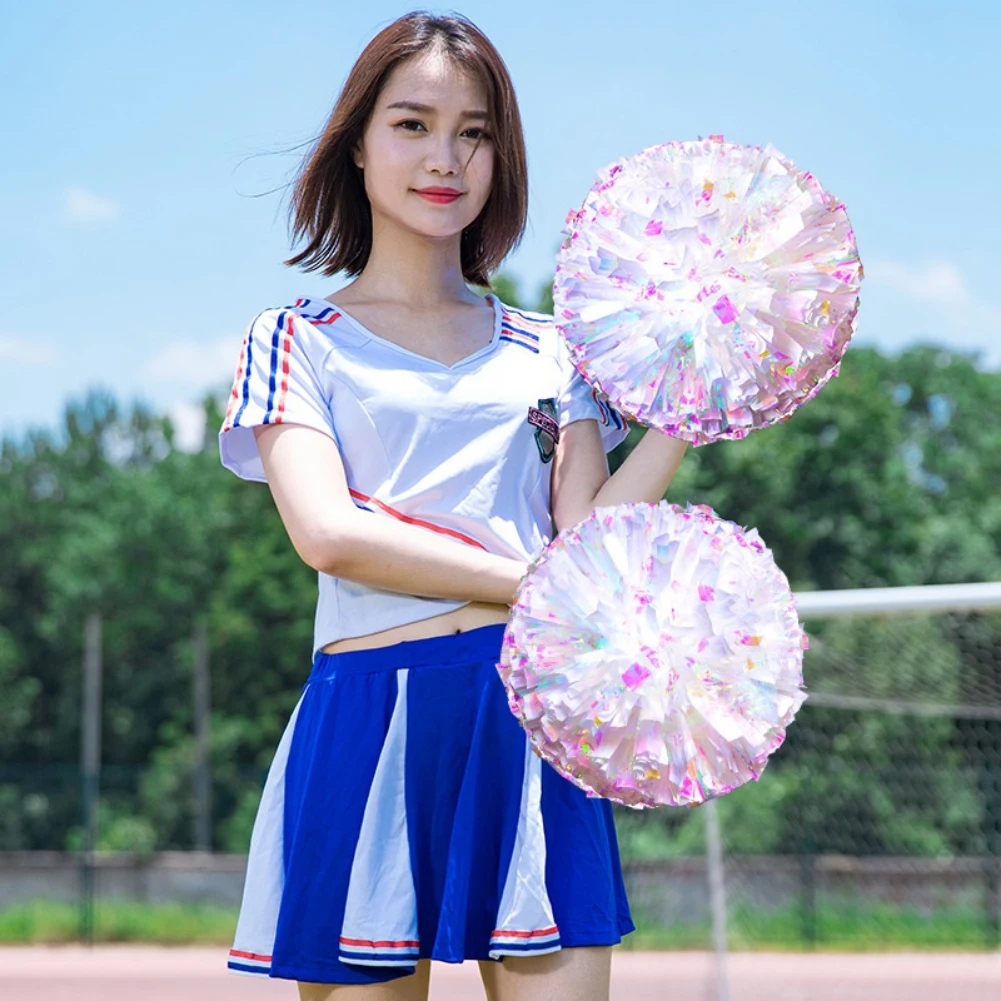Description Picture 3 of item1 Pair Cheerleader Pom Poms Rainbow Flower Ball Metallic  Cheerleading Pompoms Cheer Pom Majorettes Bouquet Plastic Handles