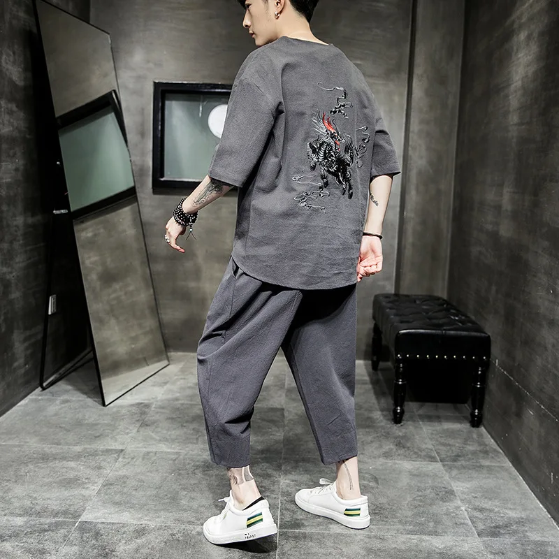 

Flax Set MEN'S Short Sleeve Summer Thin Section T-shirt Chinese-style Two-Piece Set Cotton Linen Capri Pants Embroidered Clothes