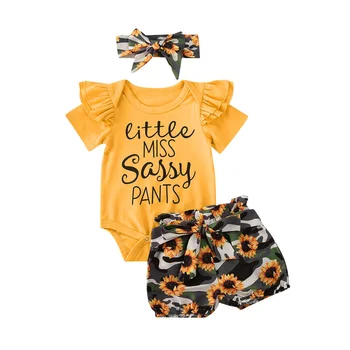 

Toddler Kids Baby Girls Summer Casual Short Sleeve Tops Romper + Sunflower Short/Long Pants 3PCS Outfits Set 0-24M