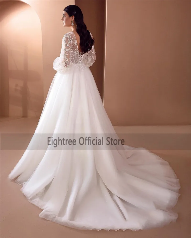 Eightree Vintage Starry Long Sleeve Wedding Dress Lace Vestidos de Noiva Bridal Dresses Sweep Train Wedding Gowns Customized 2