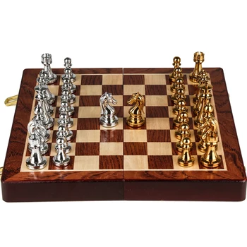 

Classic Zinc Alloy Chess Pieces wood grain board Chess Game Outdoor leisure entertainment golden High Quality Chess the qenueson