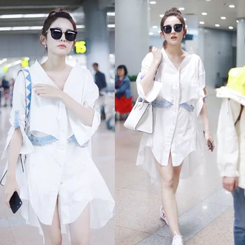 

2020 summer women's shirt skir denim stitching irregular white stand-up collar loose min skir long sleeve dress