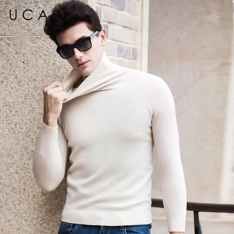 Бежевый UCAK бренд Merino шерстяной мужской свитер осень-зима толстые теплые детские джинсы с кашемиром без полей, Повседневное пуловер с воротником "хомут" Для мужчин Джерси U3059 - Цвет: Бежевый