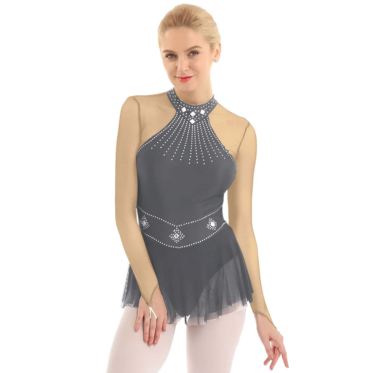 Shiny Rhinestones Long Sleeve Mesh Splice Ballet Gymnastics Leotard Women Figure Ice Skating Dress Competition Dance Costume