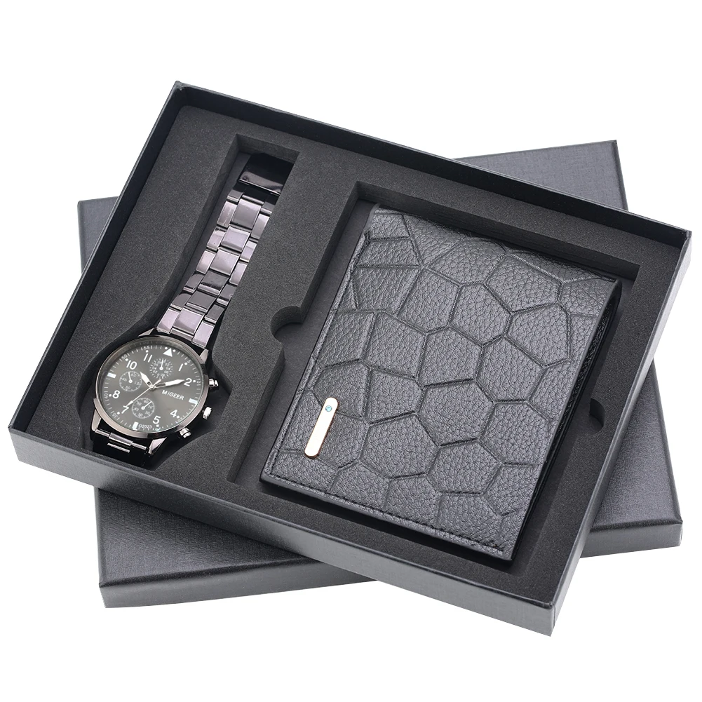 Men Watch Wallet Set Black Quartz Digital Dial Stainless Steel Strap Fold Buckle Leather Wallet Purse Gift Box for Husband Male 30 50pcs silver pop folding blind rivet 304 stainless steel rivet fold type m4 6 8 10 12mm steel shank mandrel exhaust rivets