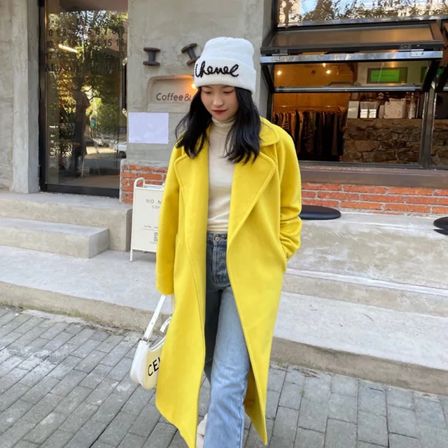 Abrigo largo de lana para mujer, amarillo de calidad, con bolsillo en la cintura, cinturón minimalista coreano invierno|Lana y mezclas| AliExpress