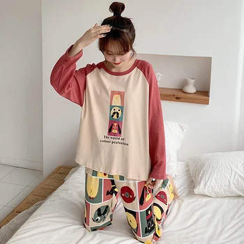 

2 Pcs Spring Pajama Sets For Women Long Sleeve+Pants Loose Casual Cotton Pyjamas For Girl Comfortable Sleepwear