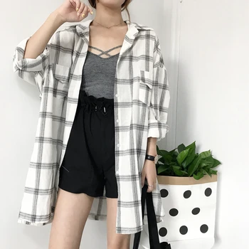 

Plaid Shirt Female Autumn New 2019 Korean Style Women Blouses and Tops Wild Casual Long-sleeved Sunscreen Women Clothing
