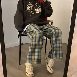 HOUZHOU – pantalon à carreaux Harajuku pour femme, pyjama surdimensionné à jambes larges, taille haute, Style coréen, printemps été 2021 