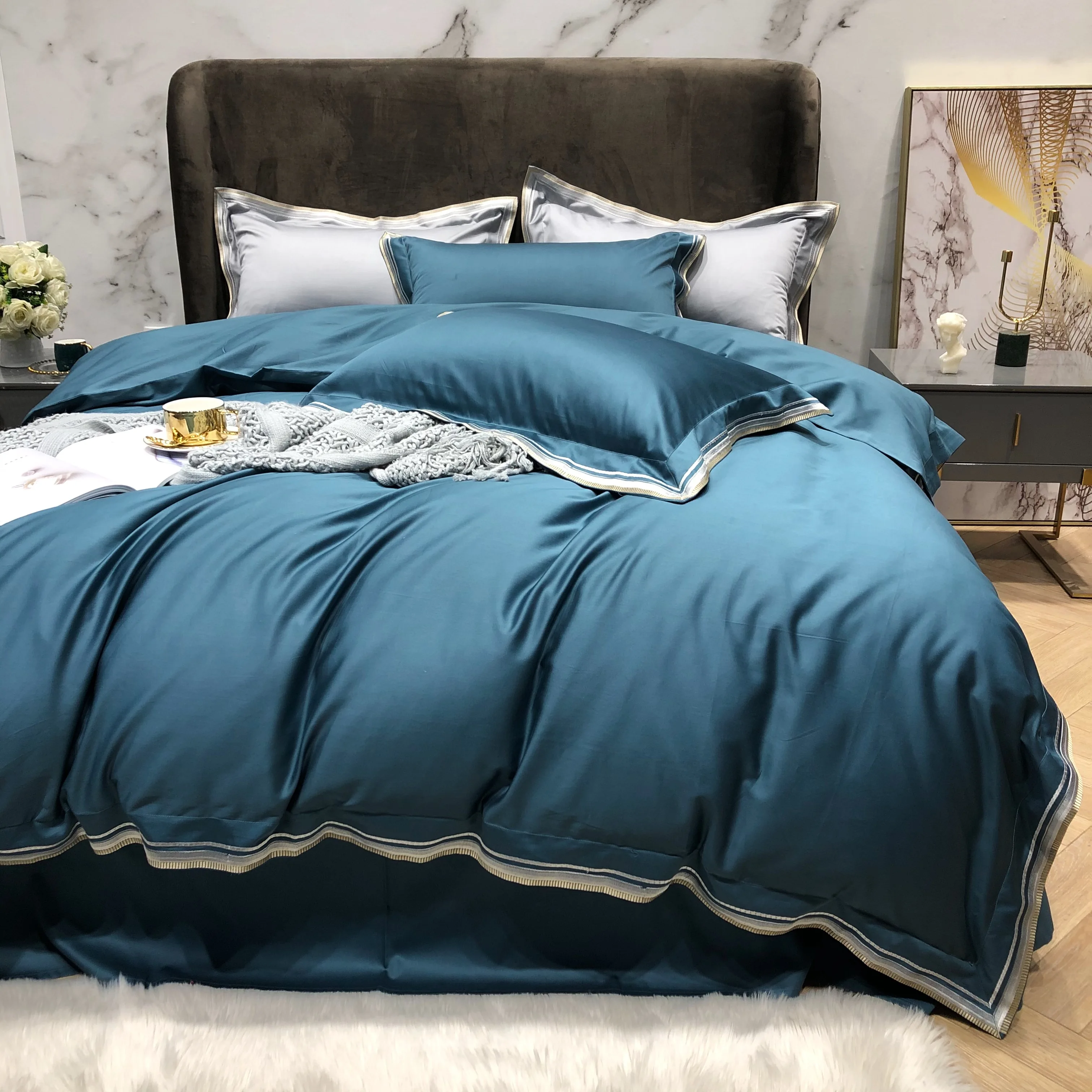 100% Egyptian Cotton Premium Luxury Bedding Set Soft Grey King Queen size  Duvet cover Bed Sheet set Patchwork Pillowcases