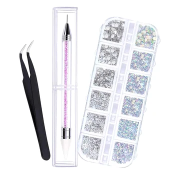 

6 sizes of AB crystals for clear rhinestones for nail art and rhinestones with tweezers and dot pens