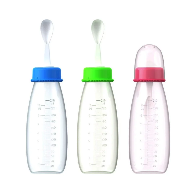 

240ml Safety Silicone Baby Bottle With Spoon Food Supplement Rice Cereal Bottles Squeeze Spoon Milk Feeding Bottle Cup