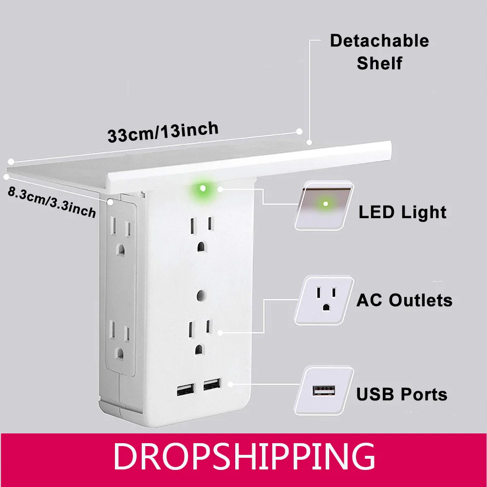 

Switch Socket Storage Rack 6 Electrical Outlet&2USB Charging Ports Built-In Shelf Multifunction Smart Power Socket For Home