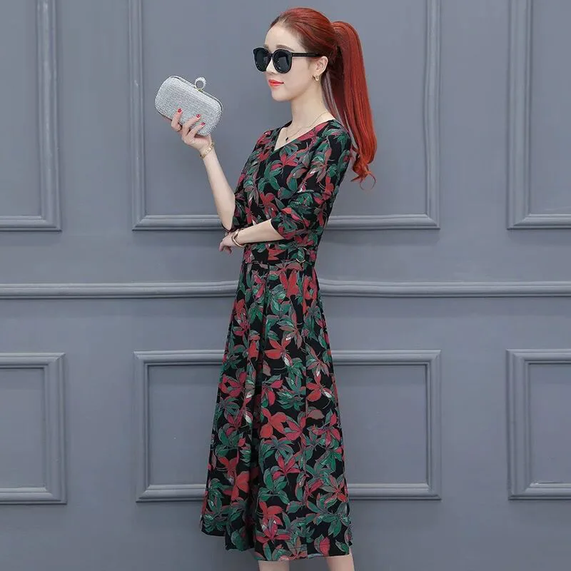 

Mid-length V-neck Dress 2019 Spring And Autumn New Style Slim Fit Slimming Spring Clothing Feminine of Floral Dress