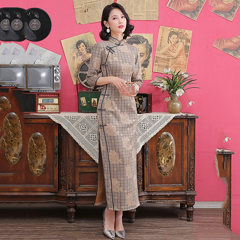 

Print Flower Cheongsam For Female Plaid 3/4 Sleeve Evening Party Dress Young Lady Mandarin Collar Qipao Tight Sexy Vestidos