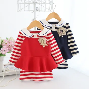 

Wholesale 5pcs/lot Girl Princess Dress Striped Peter Pan Collar Baby Dress+Mermaid Vest Spring For Birthday Infant Clothes