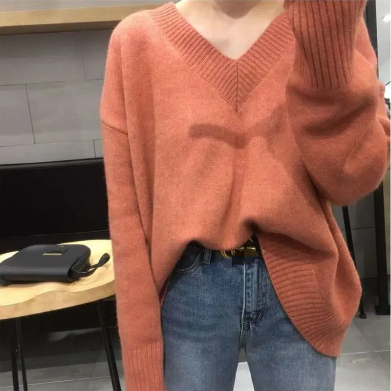 orange sweater RICININA, милый женский свитер, длинный рукав, v-образный вырез, однотонный, розовый, Повседневный, негабаритный, пуловер, женский свитер, вязаный джемпер для женщин - Цвет: orange sweater
