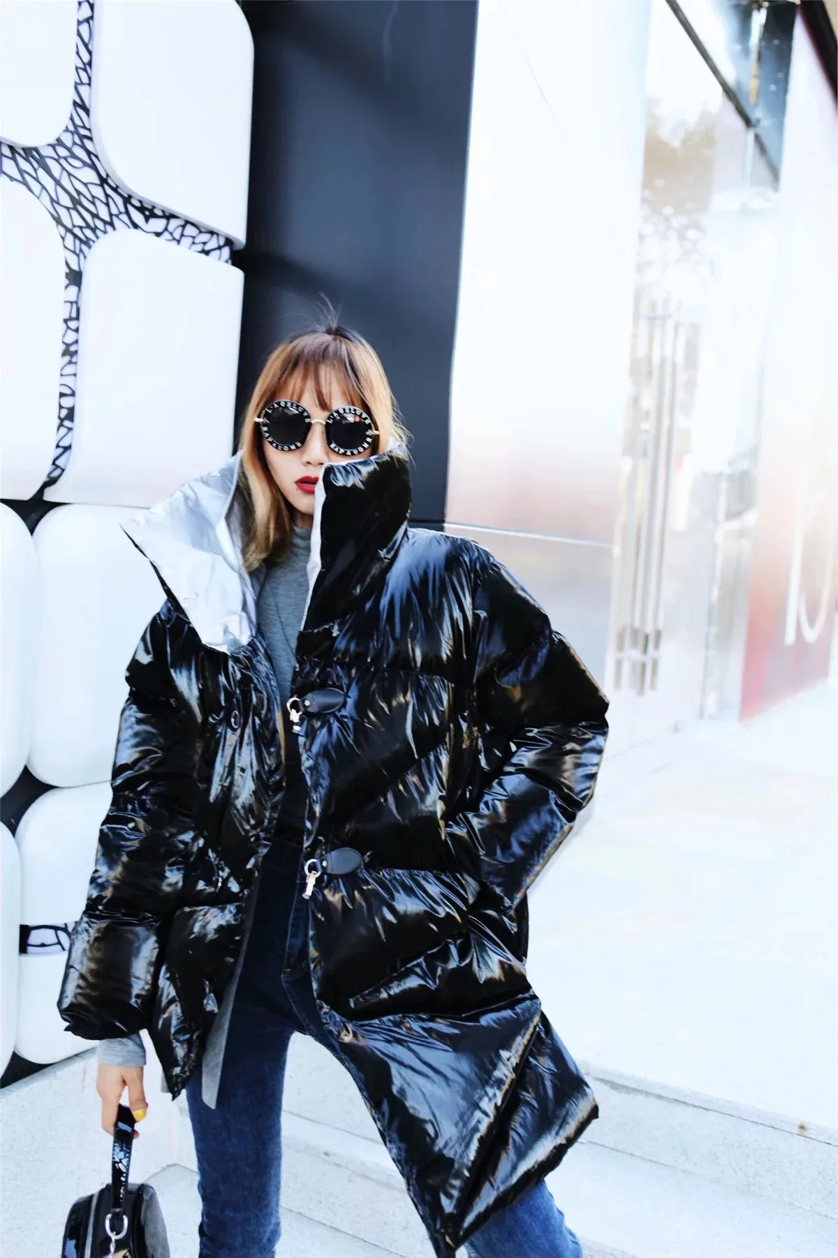 

AliExpress Ebay2018 Autumn And Winter New Style Europe And America WOMEN'S Dress Cool Non-symmetrical Metal Color Cotton Overcoa