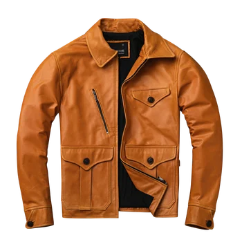 

2020 Men Brown Casual Jacket Double Pockets Plus Size XXXXL Genuine sheepskin Russian Autumn Slim Fit Leather Coat
