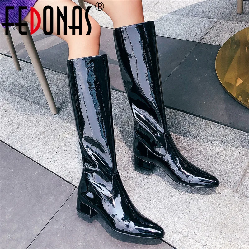 

FEDONAS Autumn Winter Concise Long Riding Boots Cow Patent Leather Women Knee High Boots Night Club Shoes Woman New High Heels