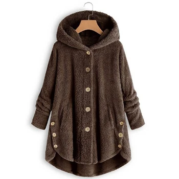 

Women New Winter Plus Size S-5XL Button Coat Fluffy Tail Tops Hooded Pullover Loose Oversize Coats Warm Outwear for 2019 Fashion