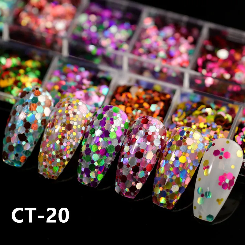 12 сеток/набор круглый смайлик для ногтей Мерцающая Снежинка 3D ультратонкие блестки пудра с пайетками амулеты для дизайна ногтей украшение для маникюра - Цвет: CT-20