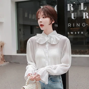 

Ruffles Shirt Womens tops New Spring Full Sleeve Women shirts Wine Red Elegant White 6954