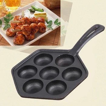 

Meatball Baking Tool Stuffed Non Stick Takoyaki Mold 7 Holes Cast Iron Spherical Food Hexagon Mold With Handle Kitchen Griddle