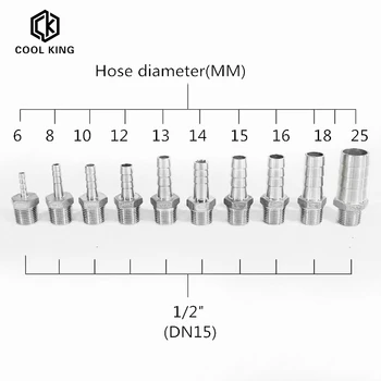 

CK 6mm - 25mm Hose Barb x 1/2"DN15 - BSPT Male SS304 Stainless Steel Nipple Pipe Fitting