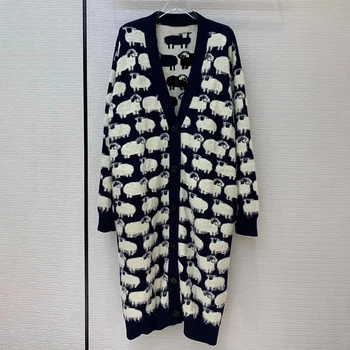 

20 Autumn Winter Knitted Long Cardigan V-Neck Button 3D Dimensional Sheep Pattern Sweater Coat Women Long Sleeve Large