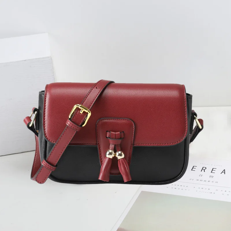 

2020 New Style Popular Bag Western Style Bag Textured Hong Kong Style Square Sling Bag Retro Shoulder Tassels Clutch Contrast Co