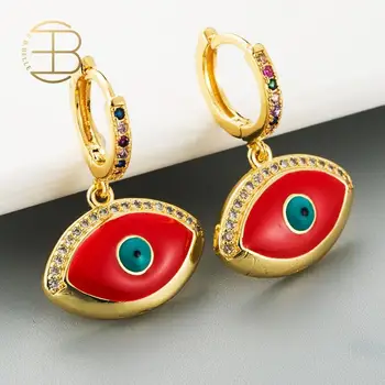 

Copper Cubic Zircon Filled Colorful Enamel Evil Eye Charm Huggie Earrings Gold Filled Small Hoop Earrings For Women