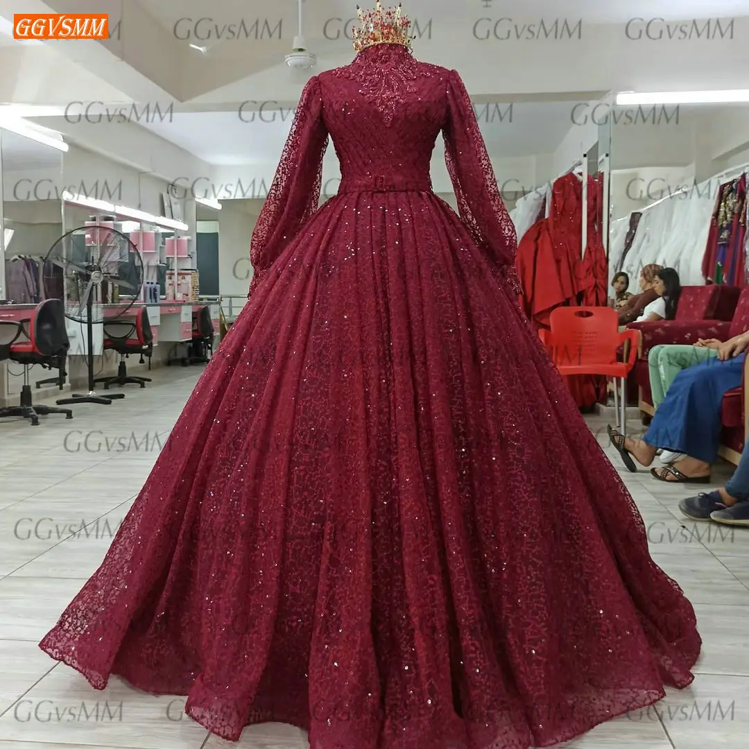 evening wear for women Real Photos Evening Dresses For Women Long Sleeves vestido de noiva 2021 High Neck Ball Gown Party Dress Arabian robe de soirée ball gown for women