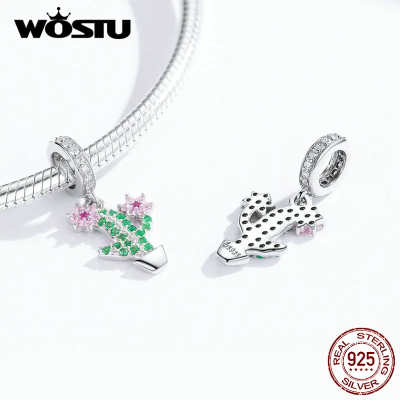 WOSTU, новинка, модный 925 пробы, Серебряный кактус и цветок, бусины, зеленый циркон, подходит для оригинального браслета, подвеска, подвески, сделай сам, ювелирное изделие CTC121