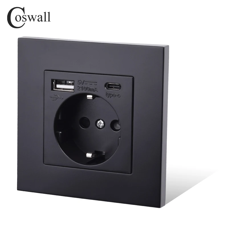 COSWALL EU สเปนรัสเซียผนังซ็อกเก็ตสายดิน USB Type A และ Type-C พอร์ตชาร์จ 2A เอาต์พุตสูงสุด แผงพีซี Matte Black E20 Series 1