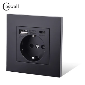 COSWALL EU สเปนรัสเซียผนังซ็อกเก็ตสายดิน USB Type A และ Type-C พอร์ตชาร์จ 2A เอาต์พุตสูงสุด แผงพีซี Matte Black E20 Series 1