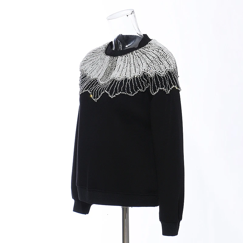 Black Patchwork Beading Women's Sweatshirts O Neck Long Sleeve Oversized Pullovers Female Autumn Fashion New