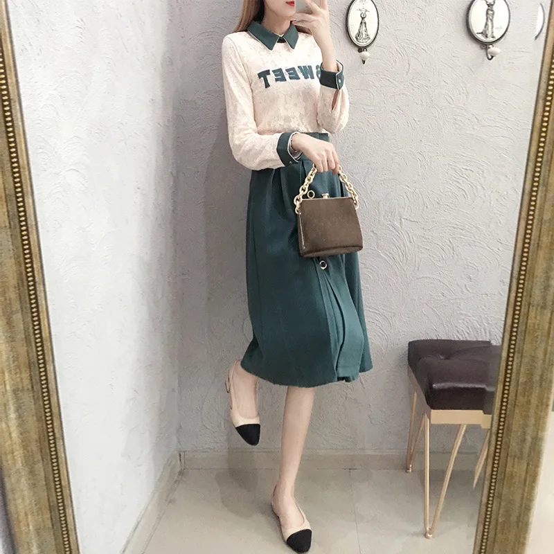 

WOMEN'S Suit-Style New Style 2019 Spring Hot Selling Skirt plus Velvet Long Sleeve Lace Shirt Two-Piece Set Wholesale 9059