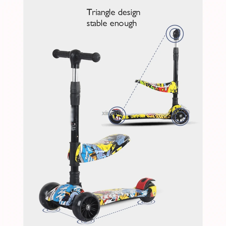 Adjustable Kick Scooter for Kids, Foldable Seat, Flashing 3 Wheels, Step Scooters, Children City Roller Skateboard, Gifts for Ki