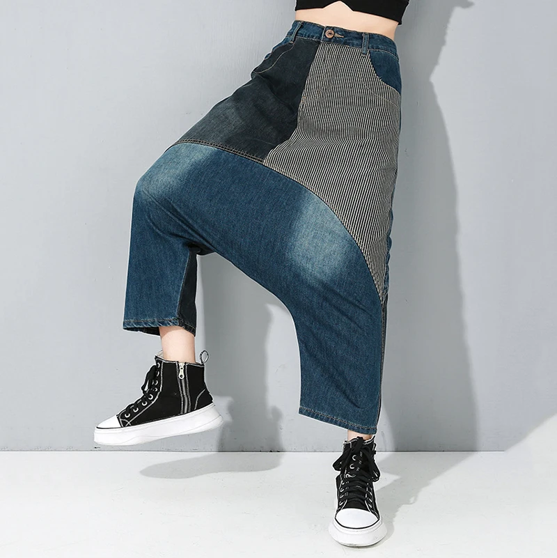 [EAM] длинные джинсы с широкими штанинами в синюю полоску, новые свободные женские брюки с высокой талией, модные весенне-осенние 1M886