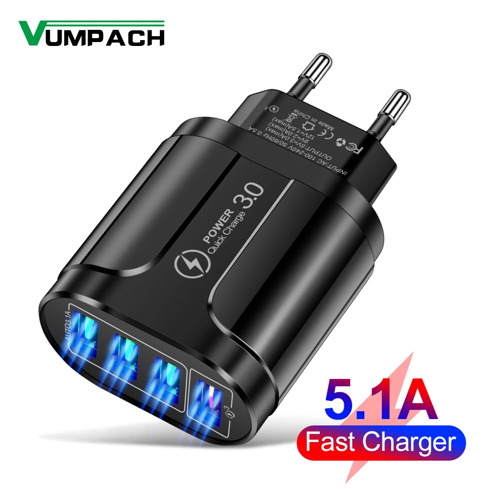 EU US Plug 4 USB 45W USB Charger Fast Charge QC 3.0 Wall Charging For iPhone 12 11 Samsung Xiaomi Mobile 4 Ports Adapter Travel usb charger 12v